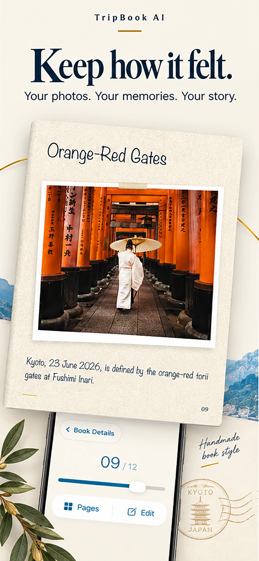 TripBook handmade scrapbook preview with a Kyoto photograph — Keep how it felt.