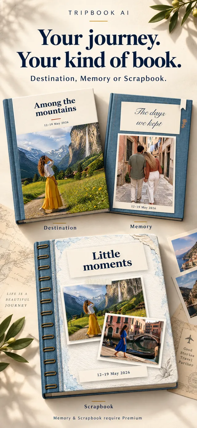 Three TripBook AI book styles side by side: Destination Edition, Memory Book and Scrapbook