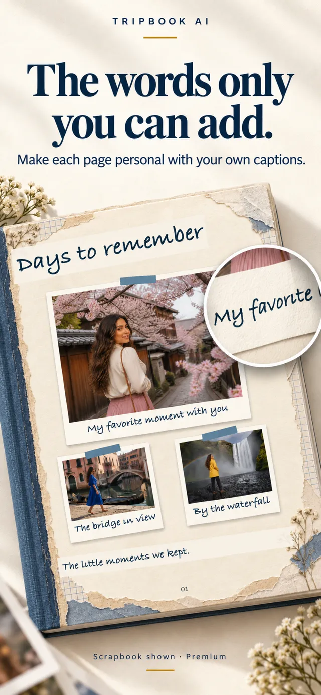 Close-up of an editable handwritten caption on a TripBook AI scrapbook page