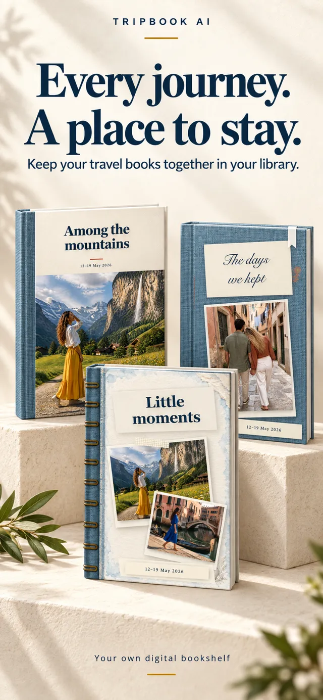 TripBook AI library showing three finished travel books on a shelf