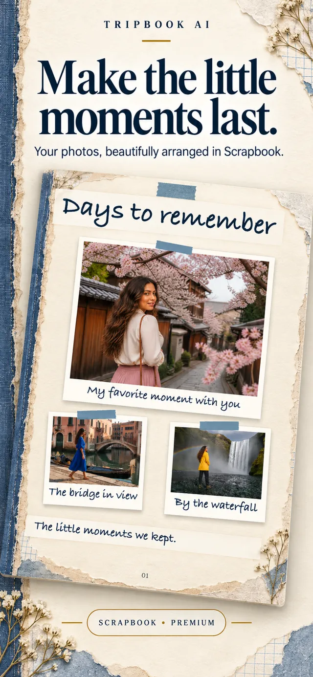TripBook AI digital scrapbook page titled Days to remember, with three taped photographs and handwritten captions