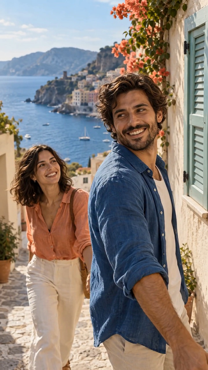 A couple exploring a sunlit coastal village beside the Mediterranean